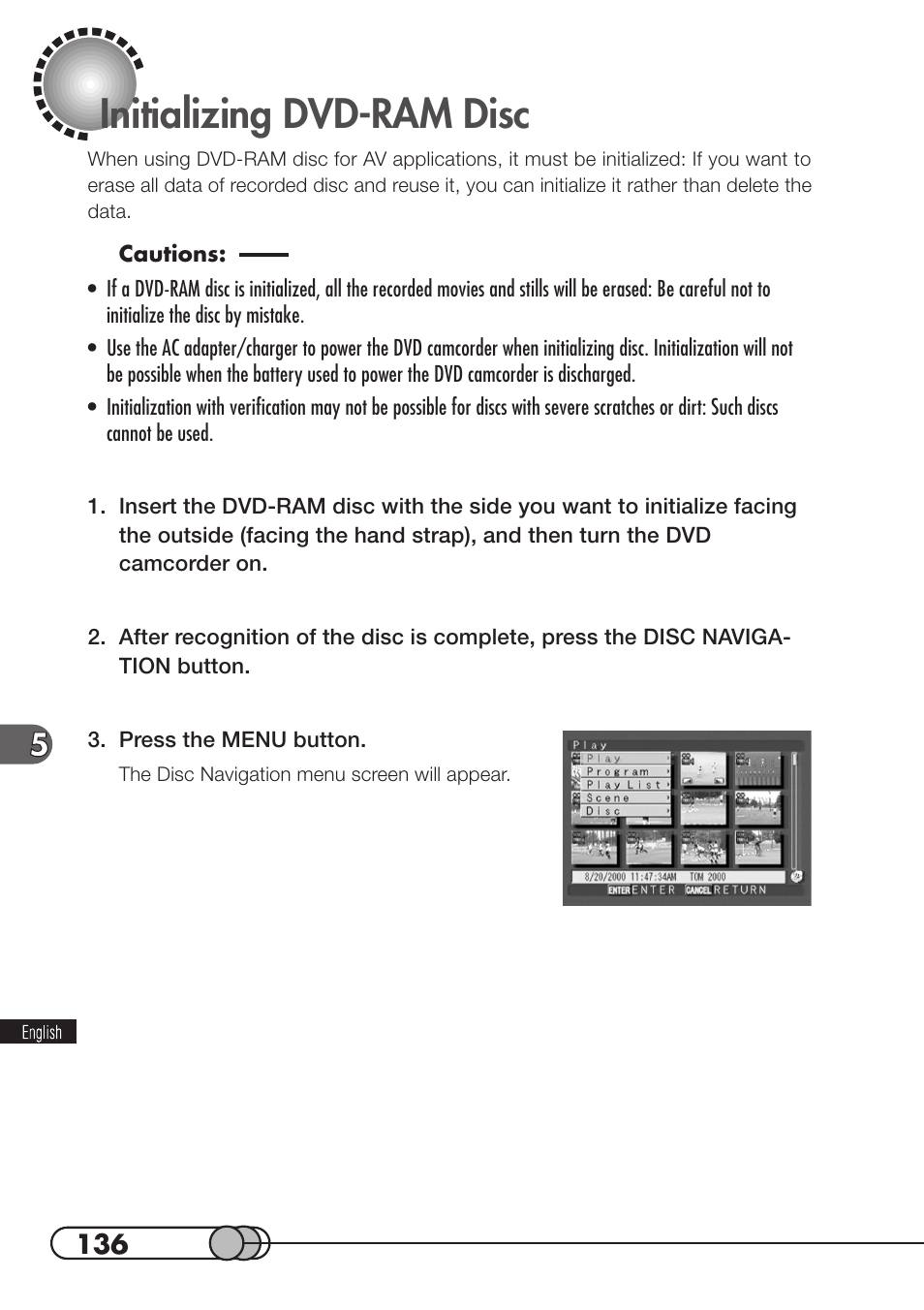 Initializing dvd-ram disc | Hitachi DZMV100A User Manual | Page 136 / 170