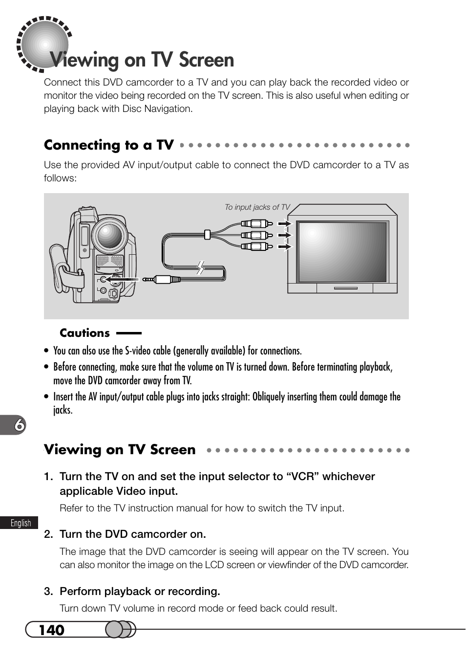 Viewing on tv screen, Connecting to a tv, Turn the dvd camcorder on | Perform playback or recording | Hitachi DZMV100A User Manual | Page 140 / 170