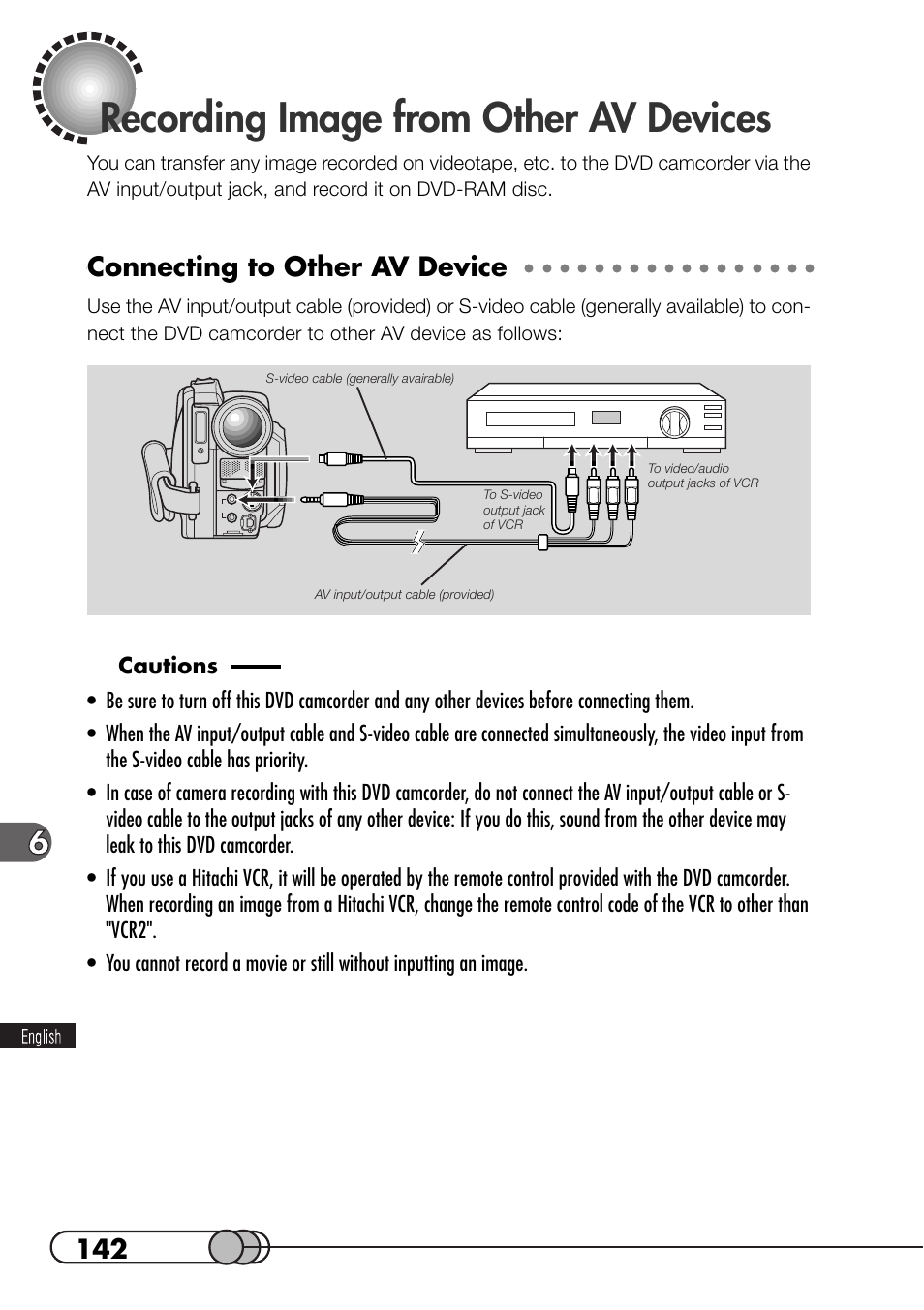 Recording image from other av devices, Connecting to other av device | Hitachi DZMV100A User Manual | Page 142 / 170