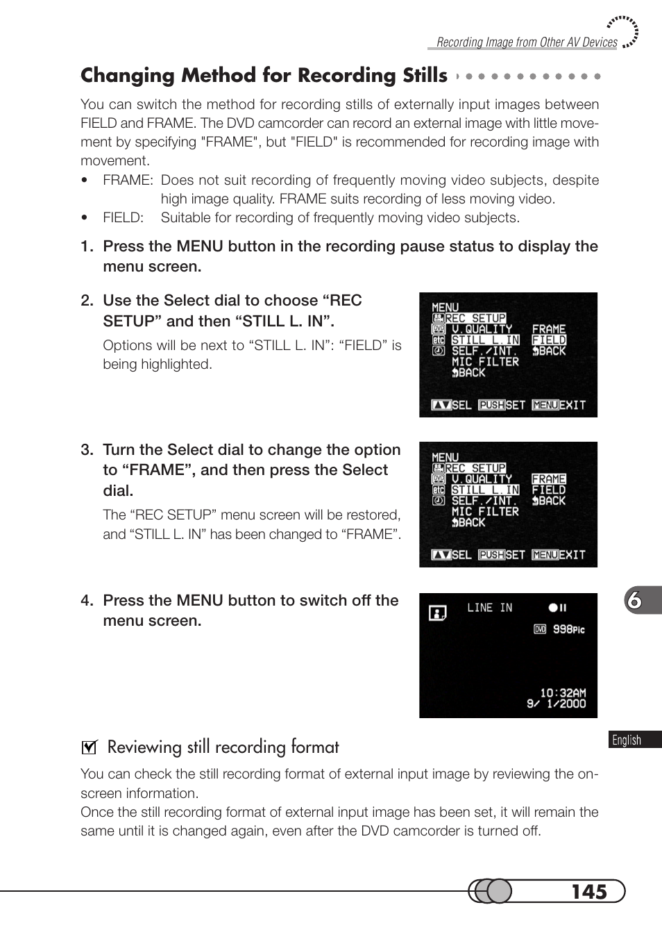 Changing method for recording stills | Hitachi DZMV100A User Manual | Page 145 / 170