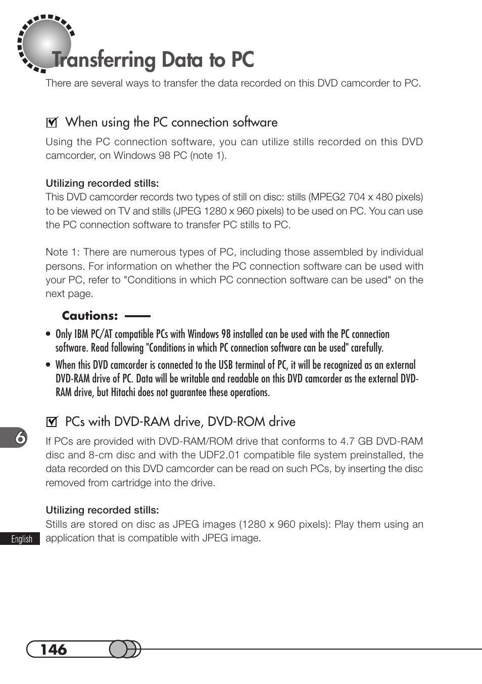 Transferring data to pc | Hitachi DZMV100A User Manual | Page 146 / 170