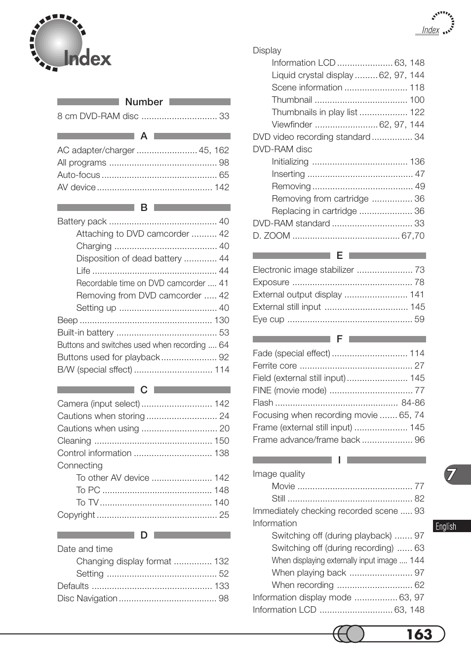 Index | Hitachi DZMV100A User Manual | Page 163 / 170