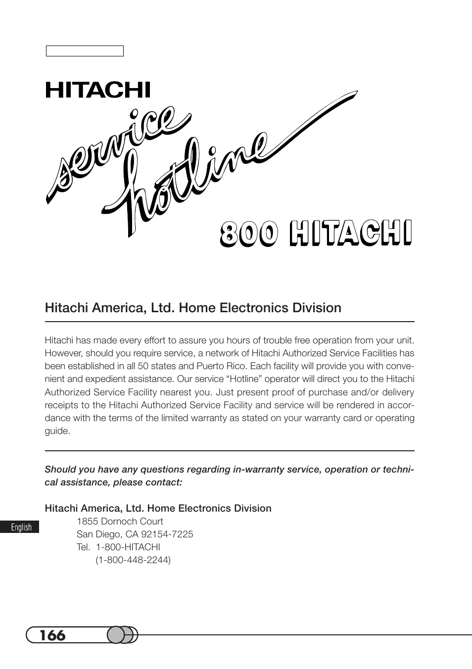 Dial toll free, Hitachi america, ltd. home electronics division | Hitachi DZMV100A User Manual | Page 166 / 170