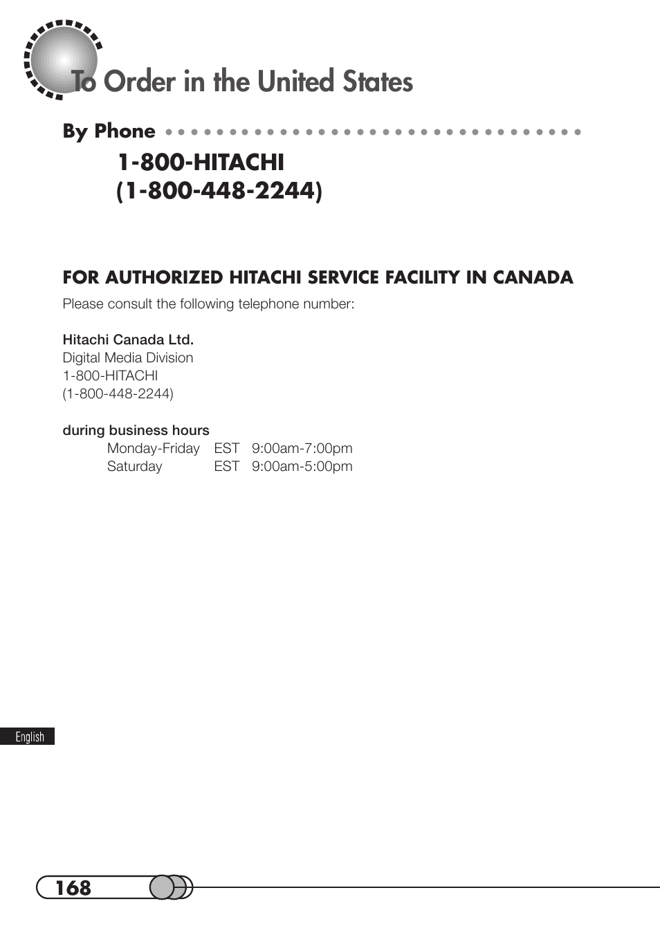 To order in the united states, By phone | Hitachi DZMV100A User Manual | Page 168 / 170