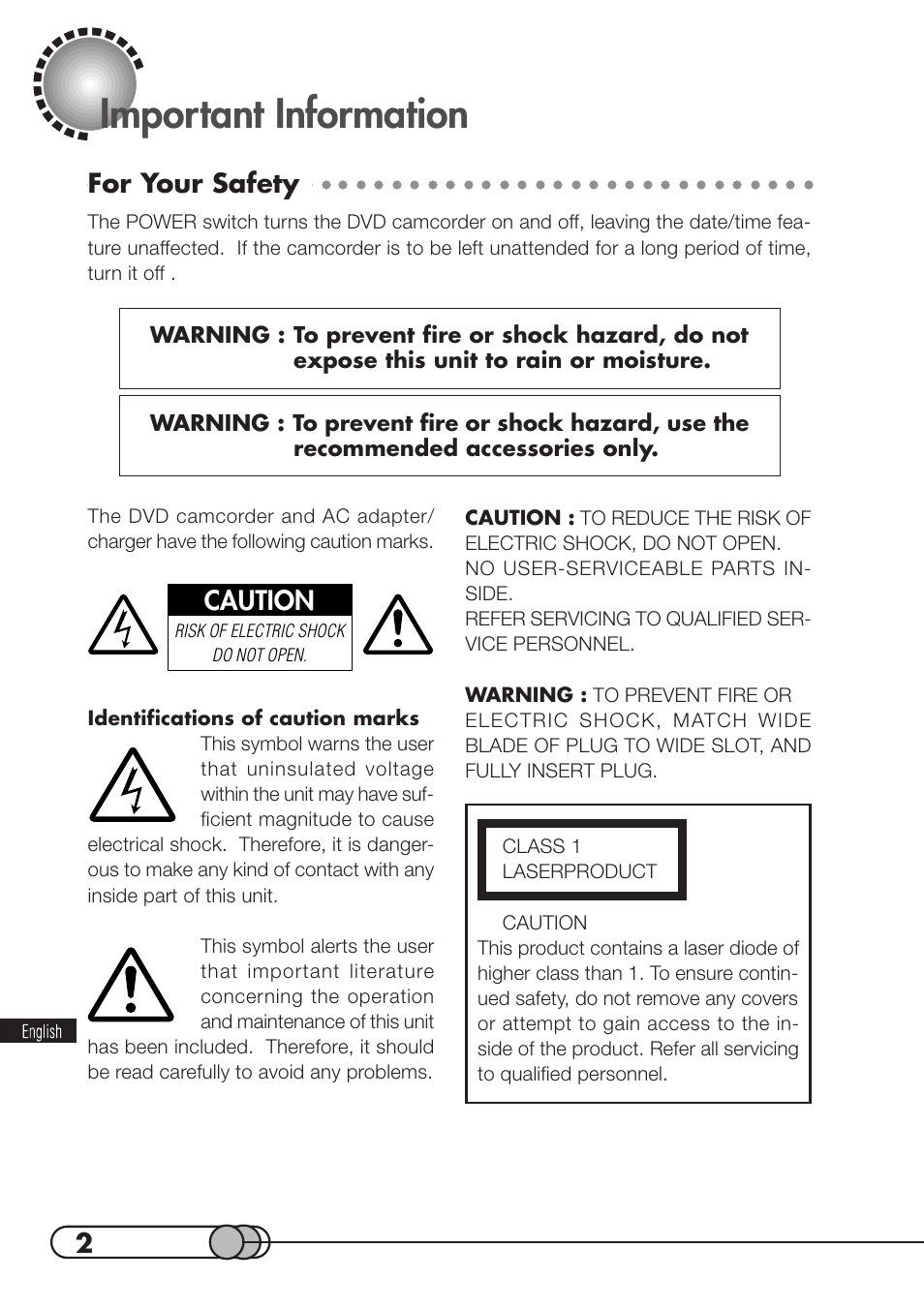 Important information, For your safety, Caution | Hitachi DZMV100A User Manual | Page 2 / 170