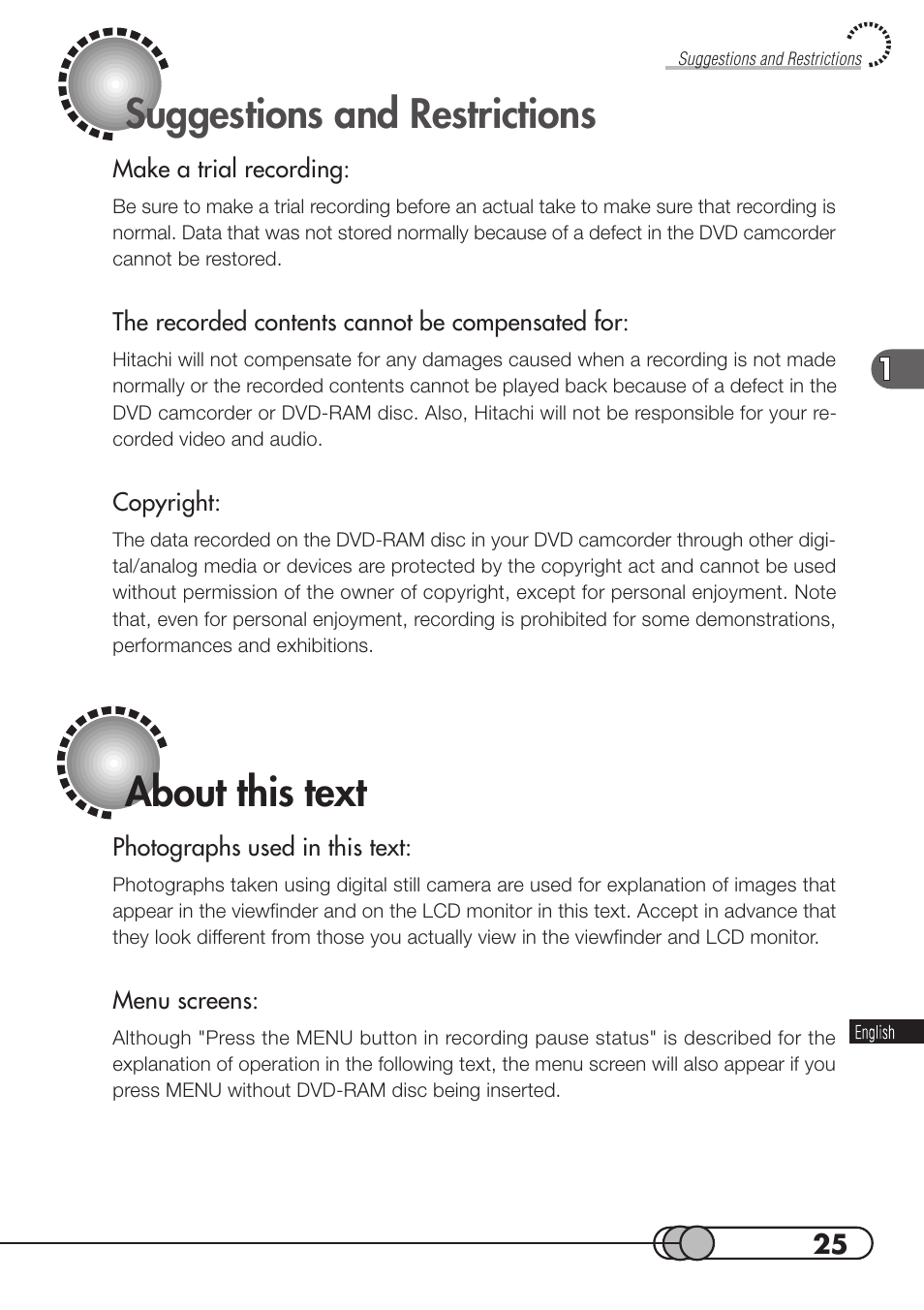 Suggestions and restrictions, About this text | Hitachi DZMV100A User Manual | Page 25 / 170