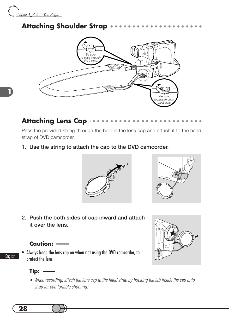 Attaching shoulder strap, Attaching lens cap | Hitachi DZMV100A User Manual | Page 28 / 170