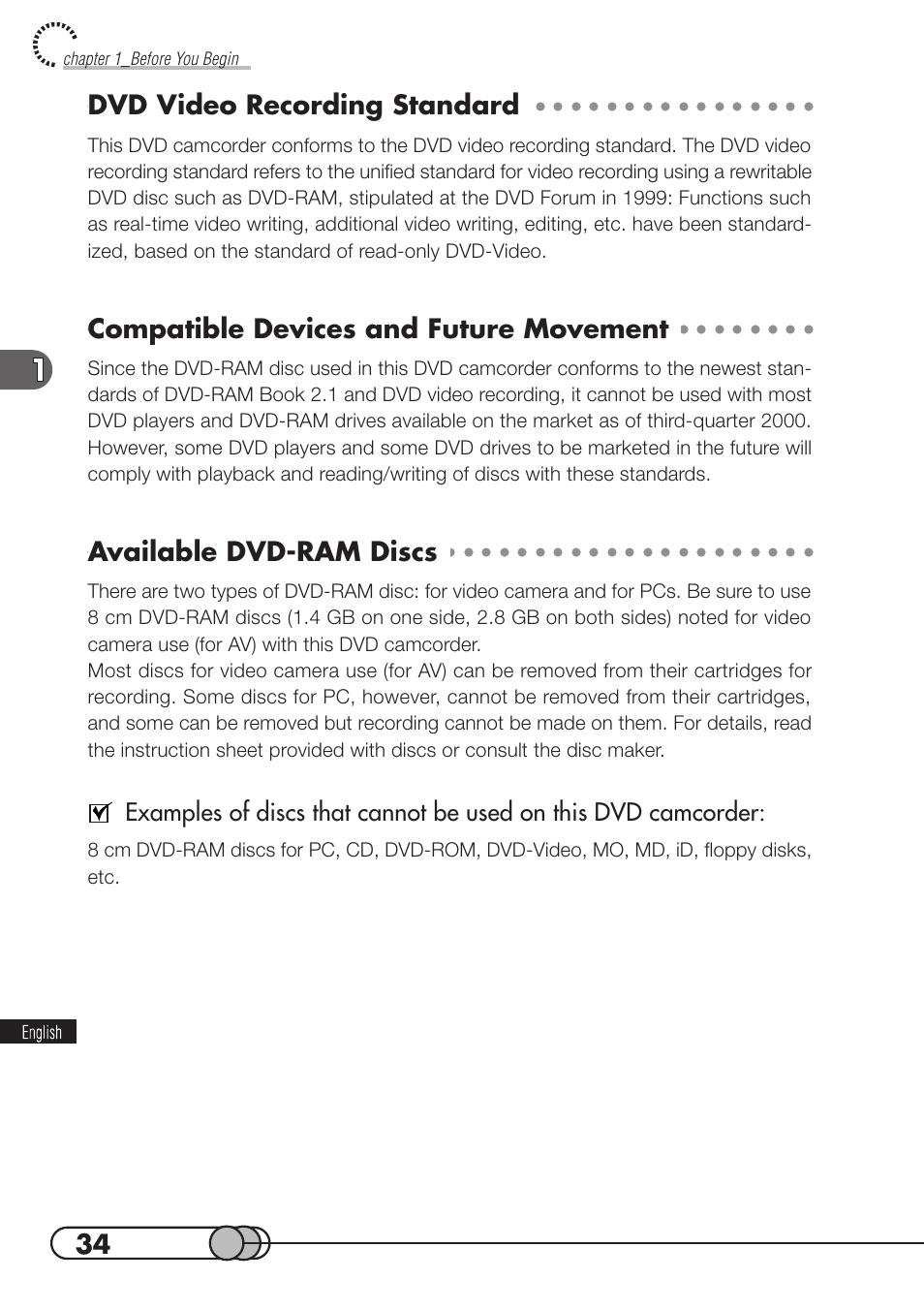 Dvd video recording standard, Compatible devices and future movement, Available dvd-ram discs | Hitachi DZMV100A User Manual | Page 34 / 170