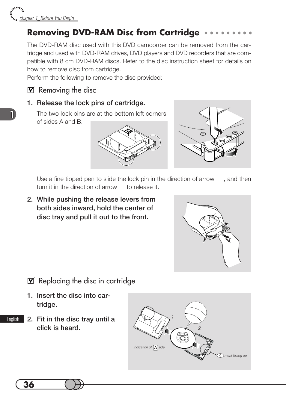 Removing dvd-ram disc from cartridge, Removing the disc, Replacing the disc in cartridge | Hitachi DZMV100A User Manual | Page 36 / 170