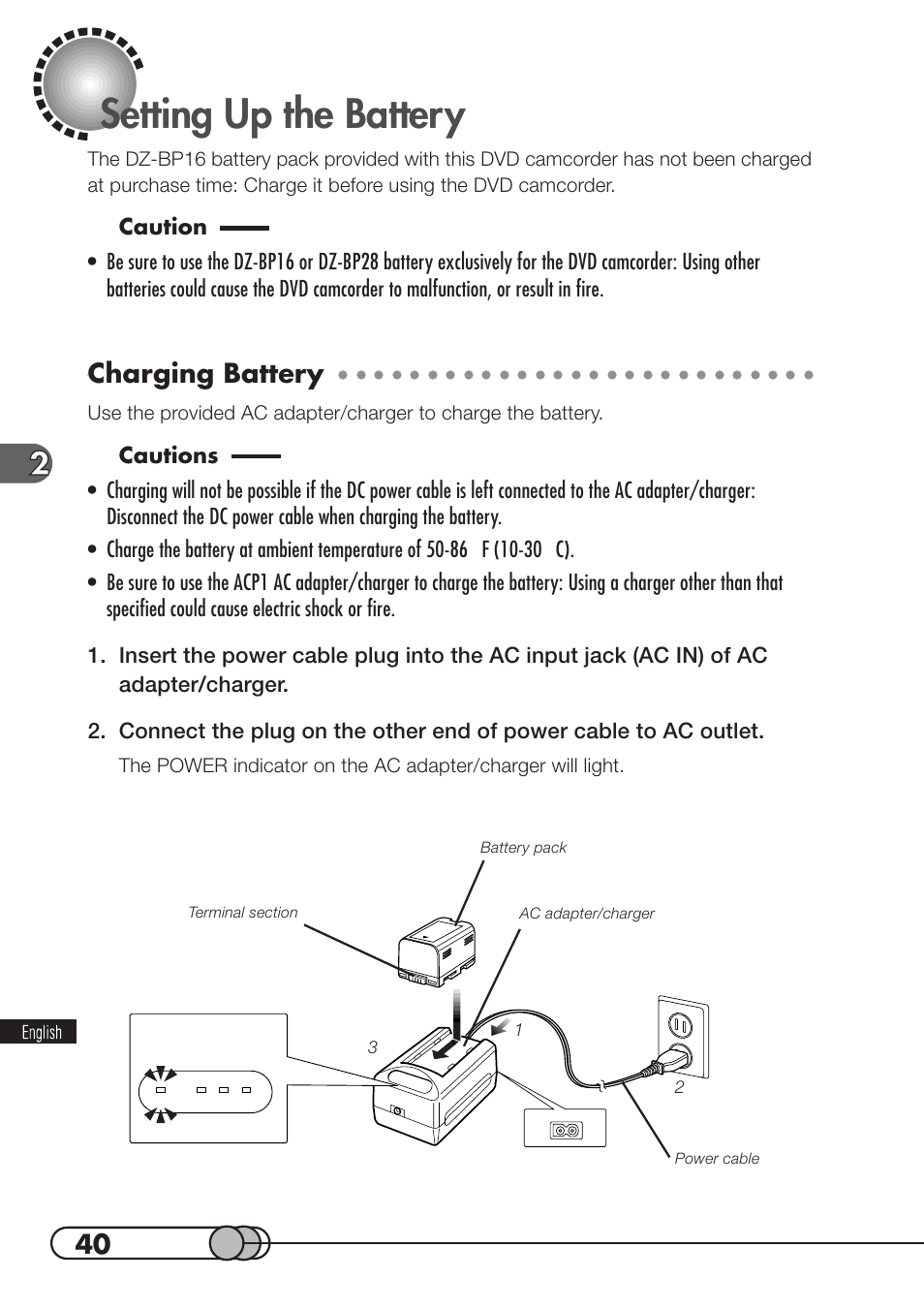 Setting up the battery, Charging battery | Hitachi DZMV100A User Manual | Page 40 / 170