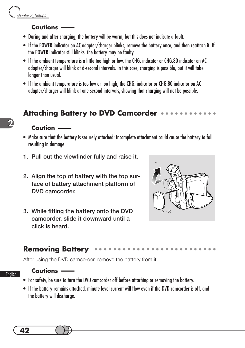 Attaching battery to dvd camcorder, Removing battery | Hitachi DZMV100A User Manual | Page 42 / 170