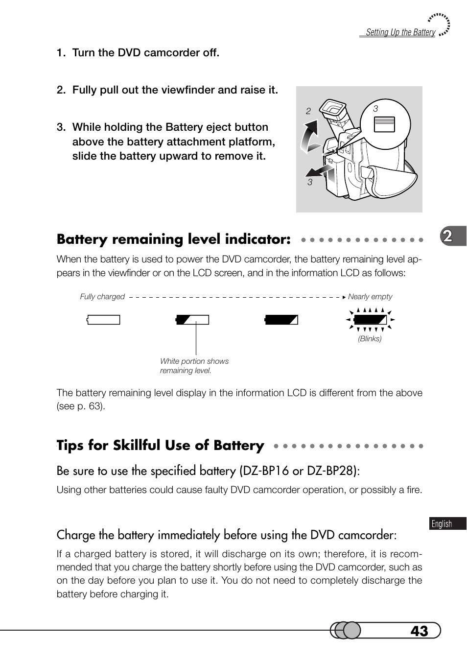 Battery remaining level indicator, Tips for skillful use of battery | Hitachi DZMV100A User Manual | Page 43 / 170