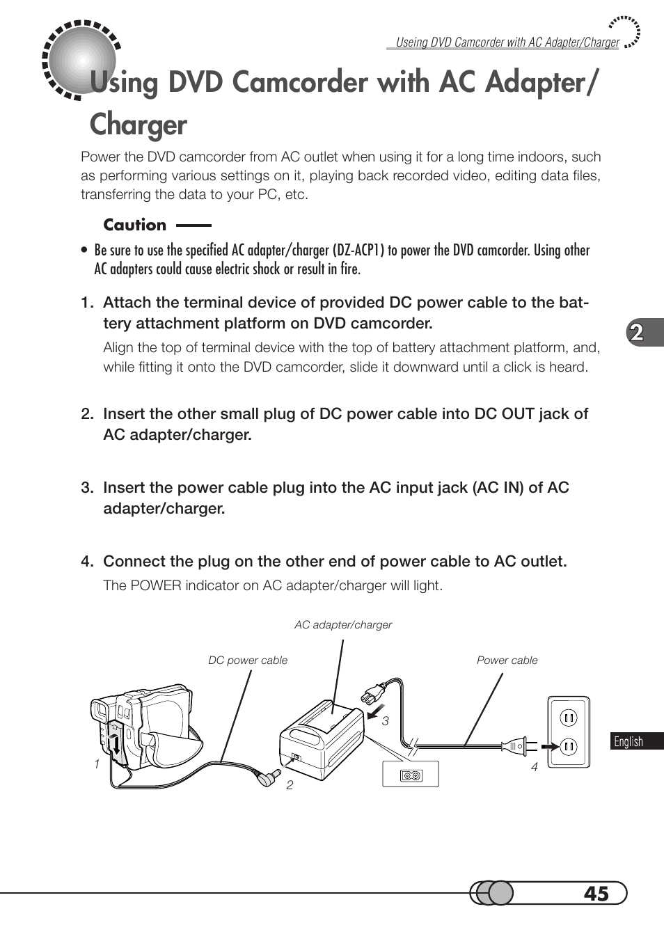 Using dvd camcorder with ac adapter/ charger | Hitachi DZMV100A User Manual | Page 45 / 170