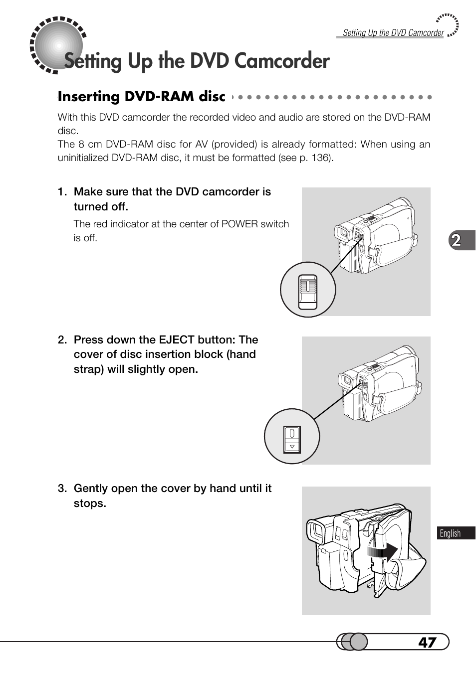 Setting up the dvd camcorder, Inserting dvd-ram disc | Hitachi DZMV100A User Manual | Page 47 / 170