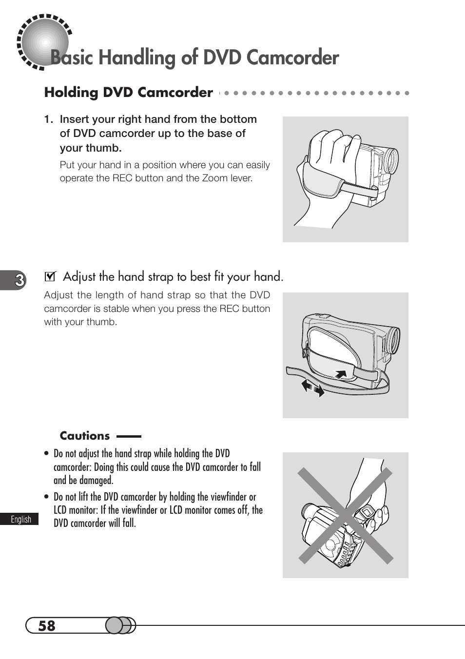 Basic handling of dvd camcorder, Holding dvd camcorder | Hitachi DZMV100A User Manual | Page 58 / 170