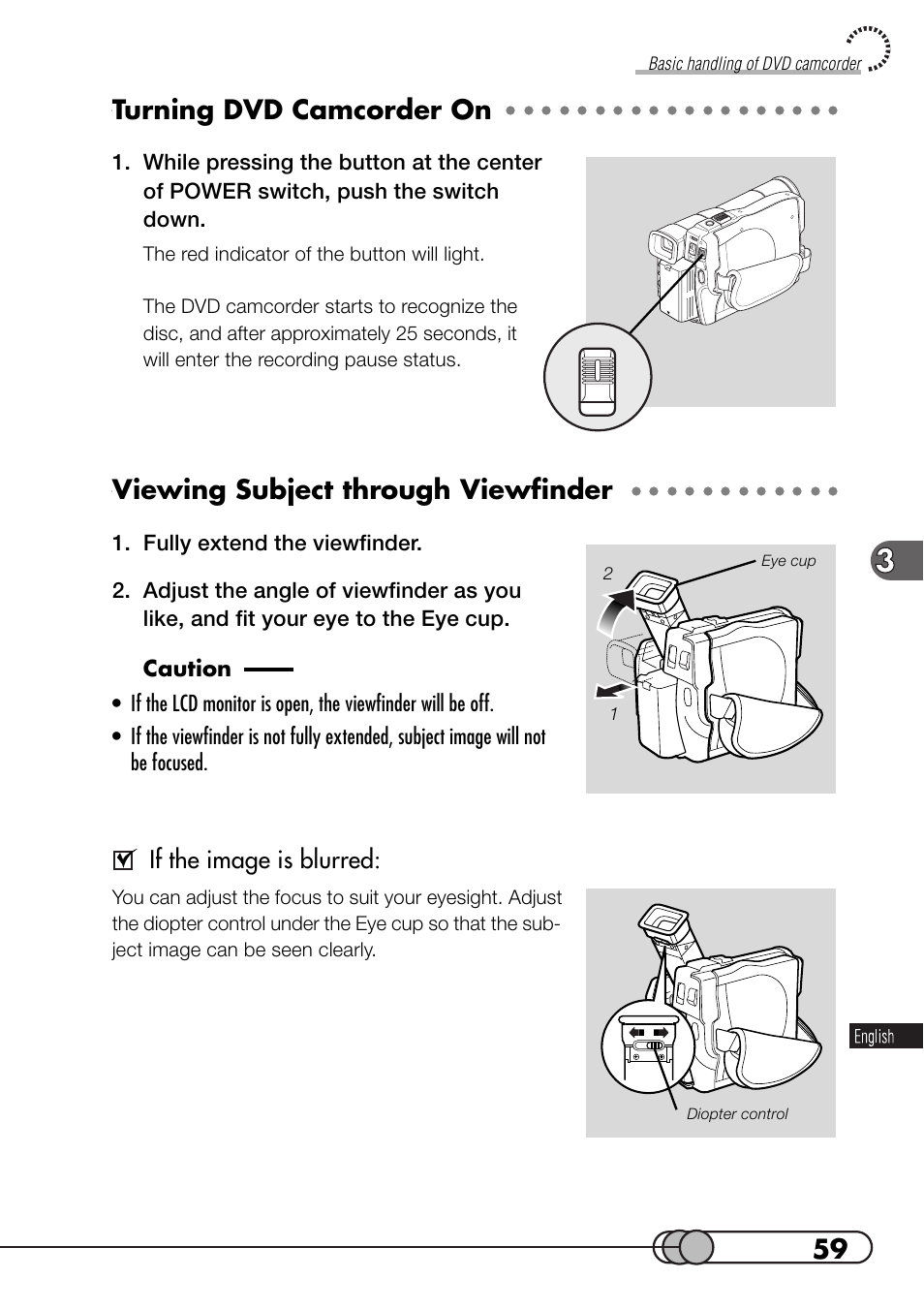 Turning dvd camcorder on, Viewing subject through viewfinder, If the image is blurred | Hitachi DZMV100A User Manual | Page 59 / 170