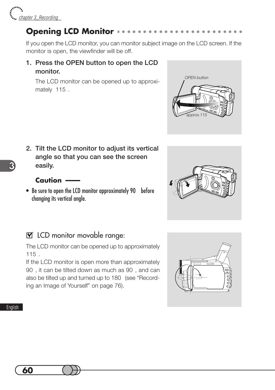 Opening lcd monitor, Lcd monitor movable range | Hitachi DZMV100A User Manual | Page 60 / 170
