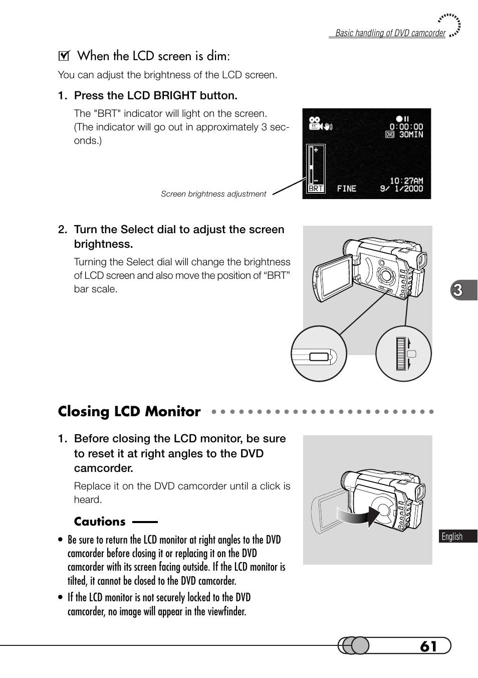 Closing lcd monitor, When the lcd screen is dim | Hitachi DZMV100A User Manual | Page 61 / 170