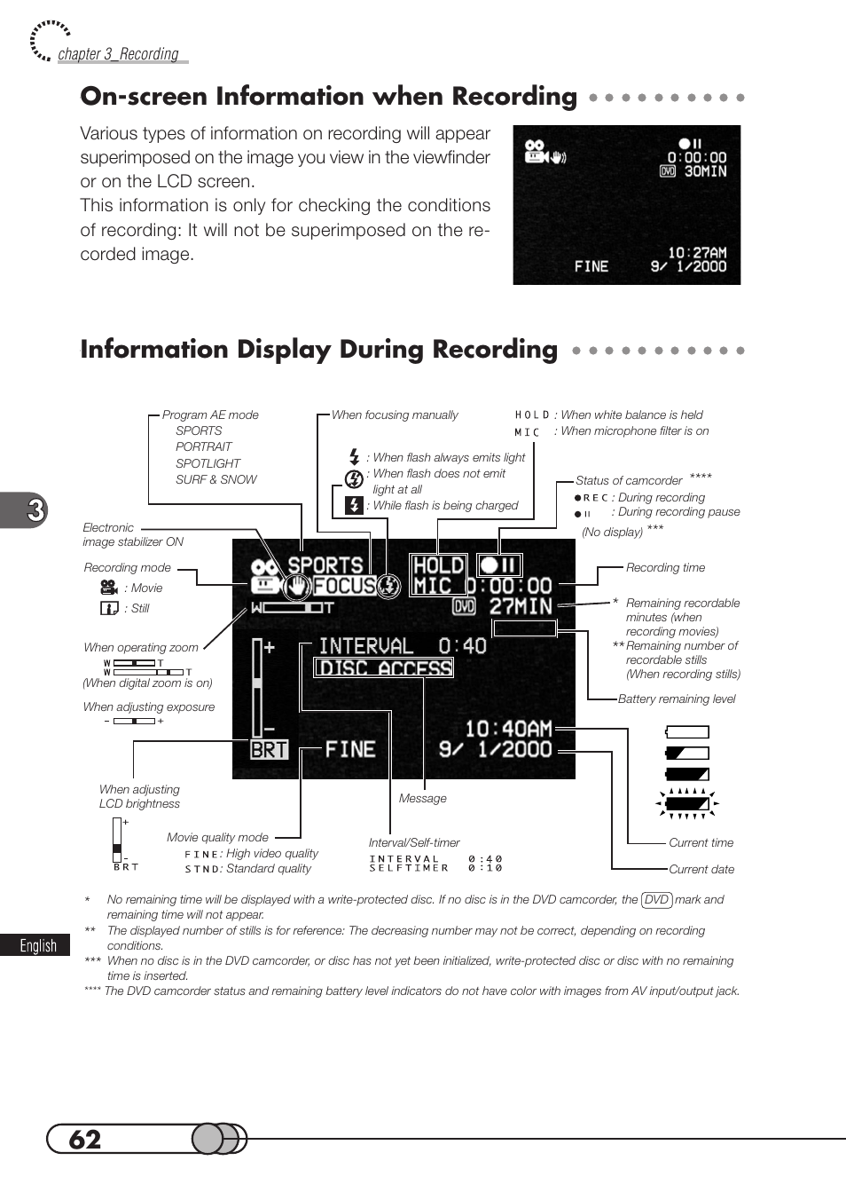 On-screen information when recording, Information display during recording | Hitachi DZMV100A User Manual | Page 62 / 170