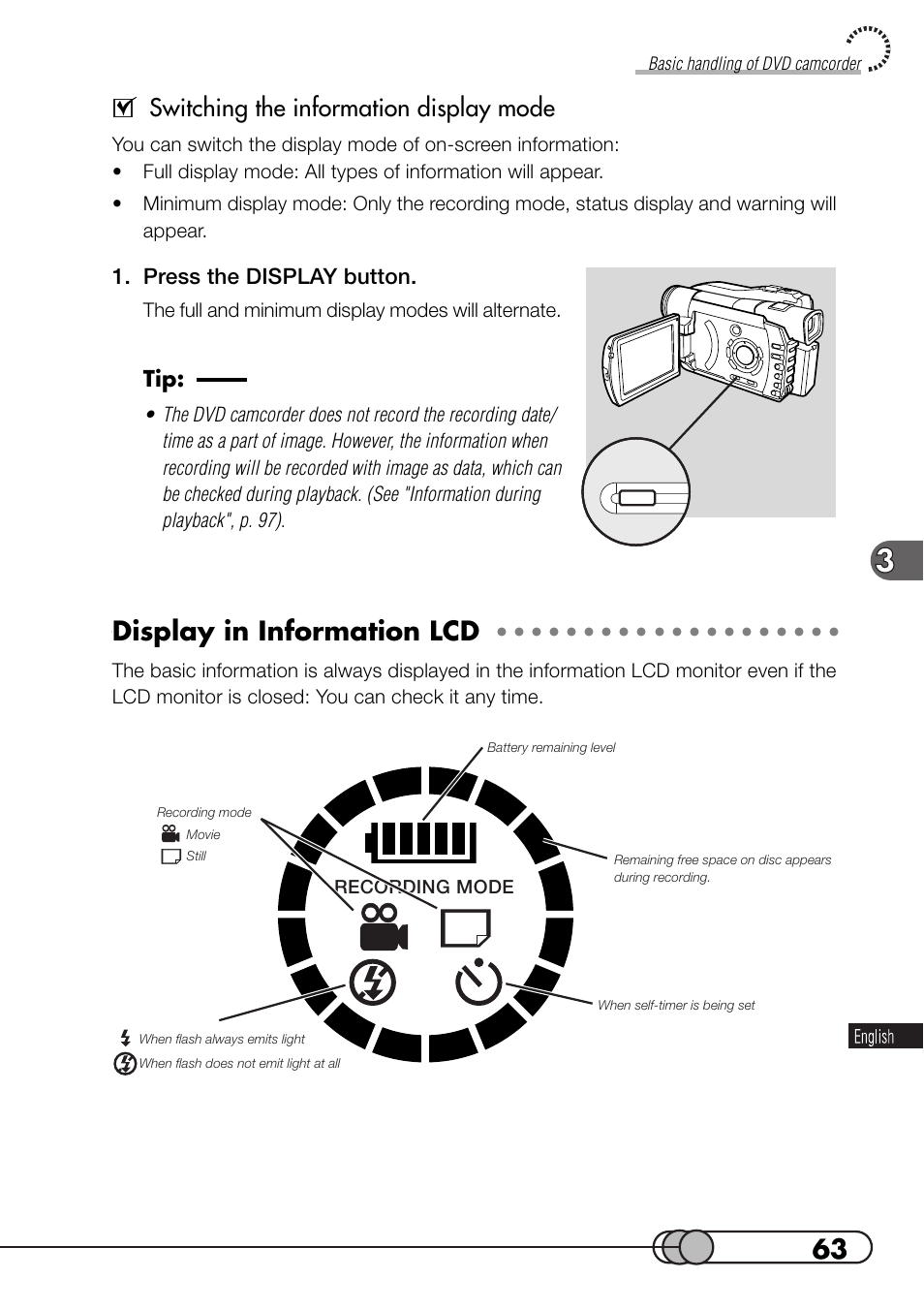 Display in information lcd, Switching the information display mode, Press the display button | Hitachi DZMV100A User Manual | Page 63 / 170