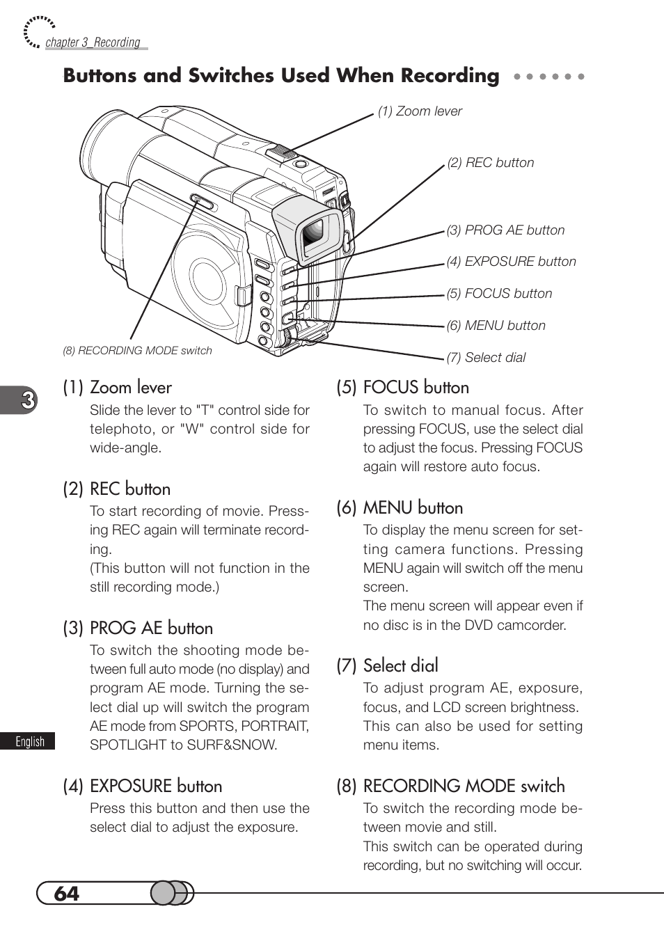 Buttons and switches used when recording | Hitachi DZMV100A User Manual | Page 64 / 170