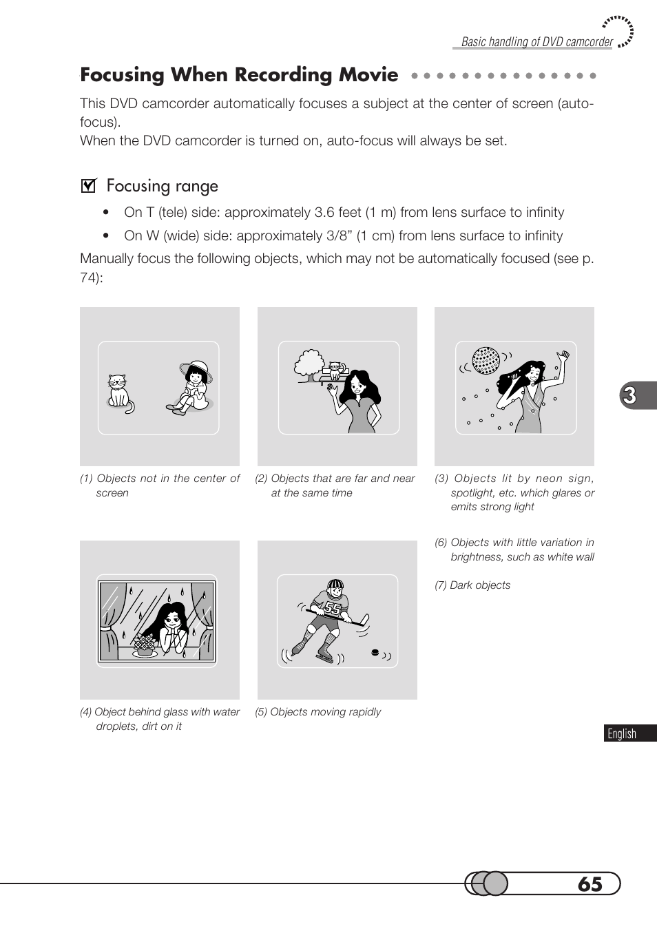 Focusing when recording movie, Focusing range | Hitachi DZMV100A User Manual | Page 65 / 170