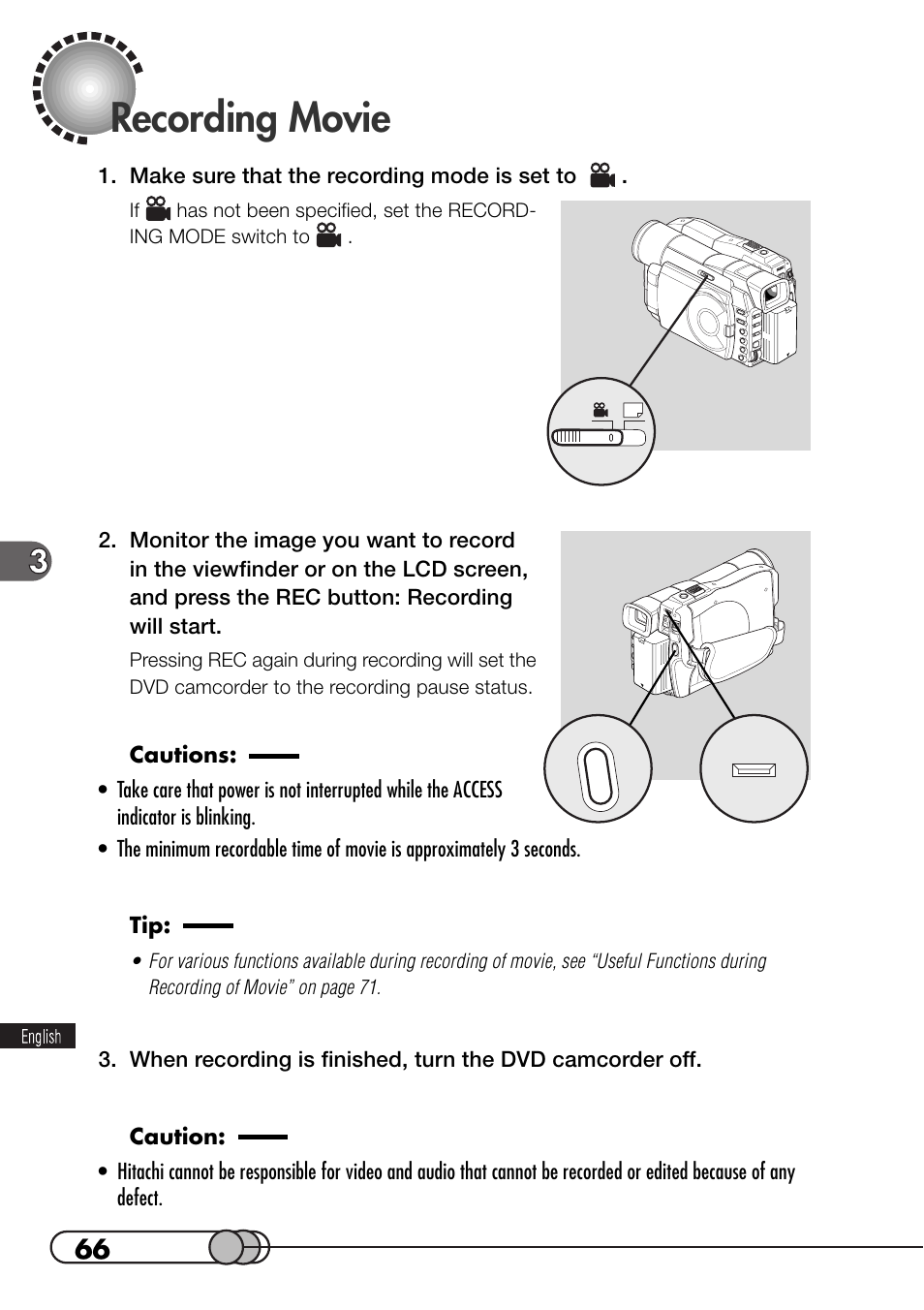 Recording movie | Hitachi DZMV100A User Manual | Page 66 / 170