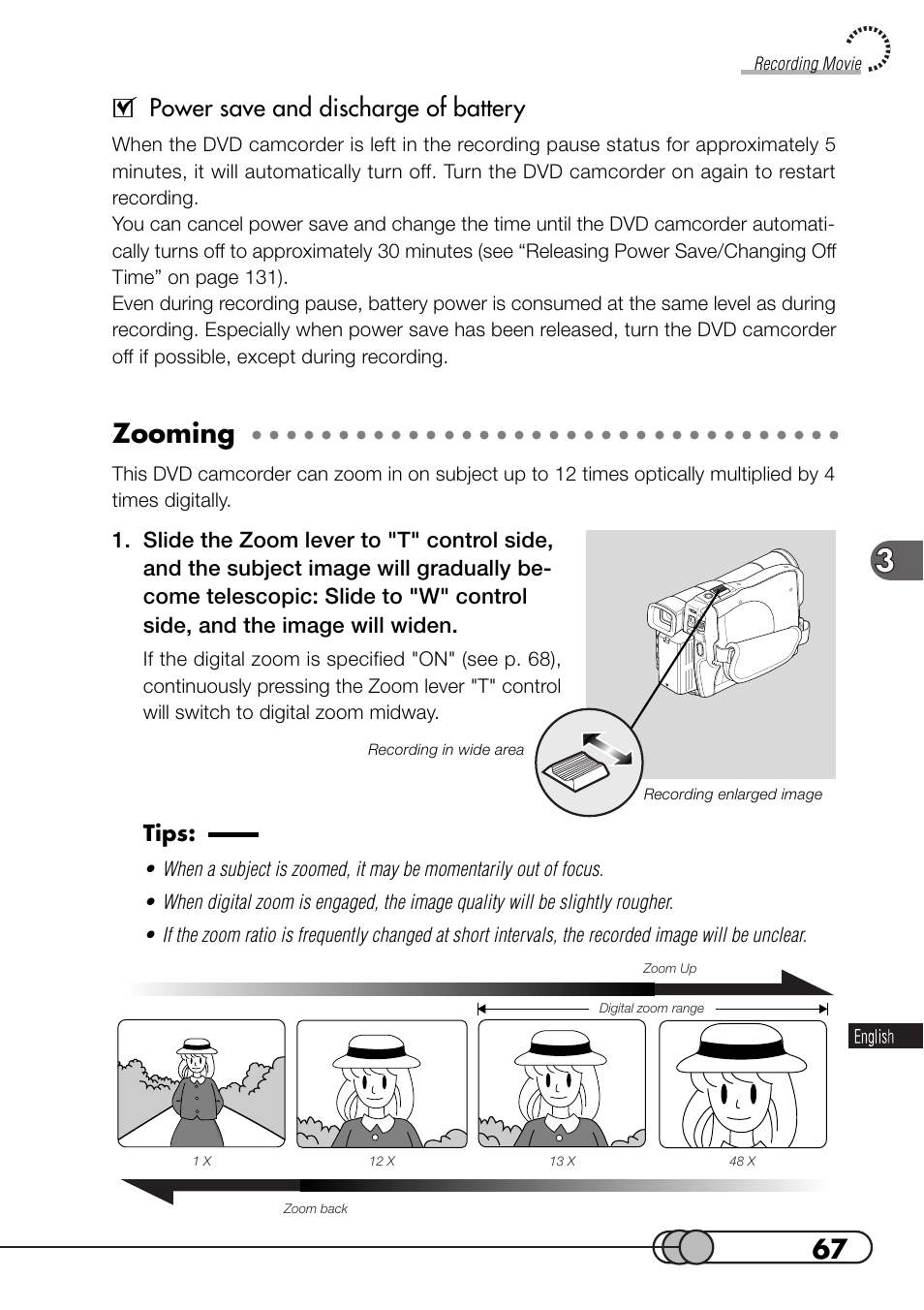 Zooming, Power save and discharge of battery, Tips | Hitachi DZMV100A User Manual | Page 67 / 170
