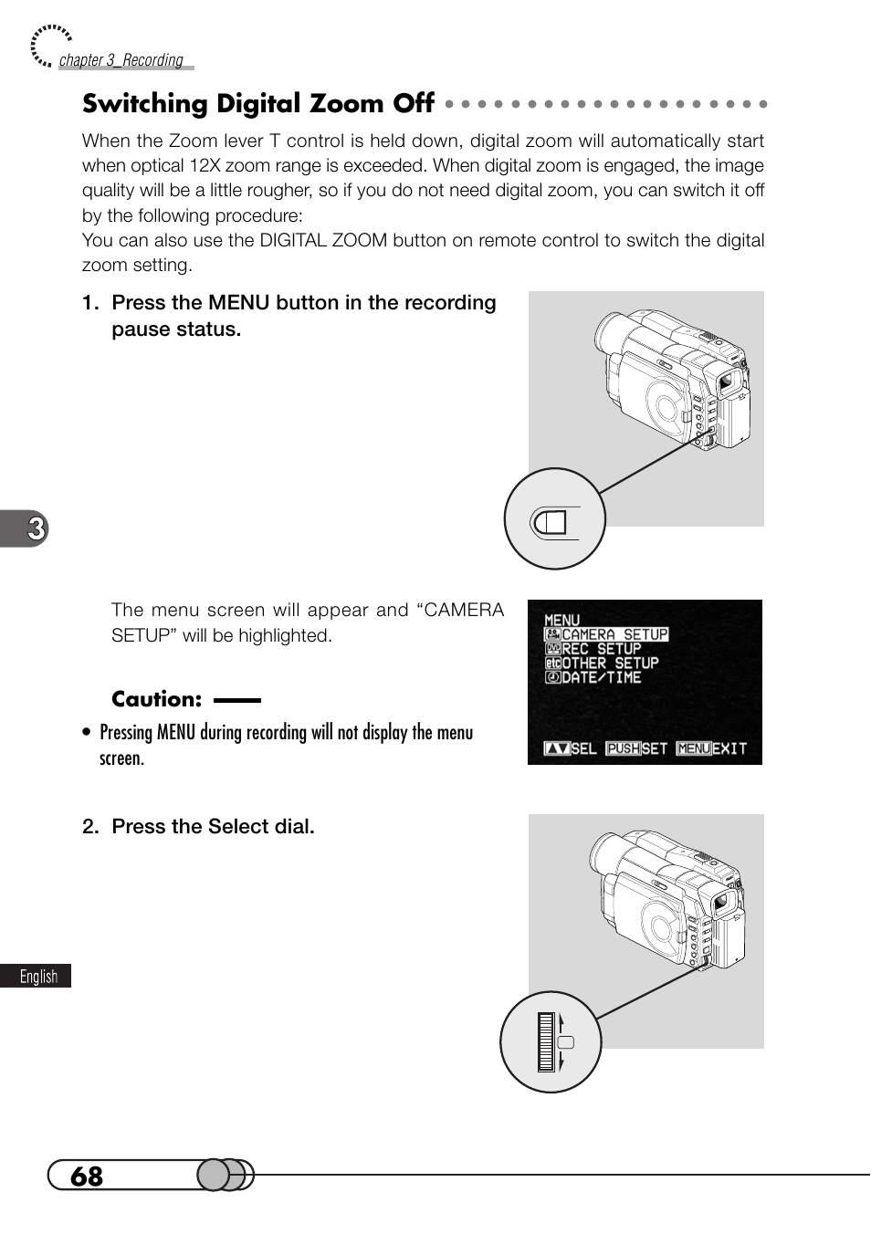 Switching digital zoom off | Hitachi DZMV100A User Manual | Page 68 / 170