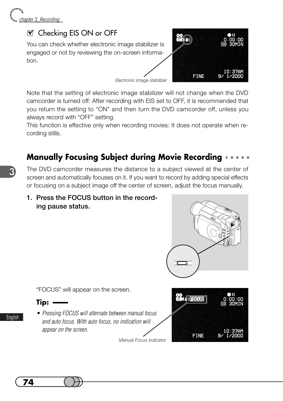 Manually focusing subject during movie recording, Checking eis on or off | Hitachi DZMV100A User Manual | Page 74 / 170