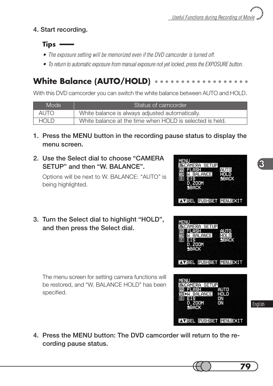 White balance (auto/hold) | Hitachi DZMV100A User Manual | Page 79 / 170