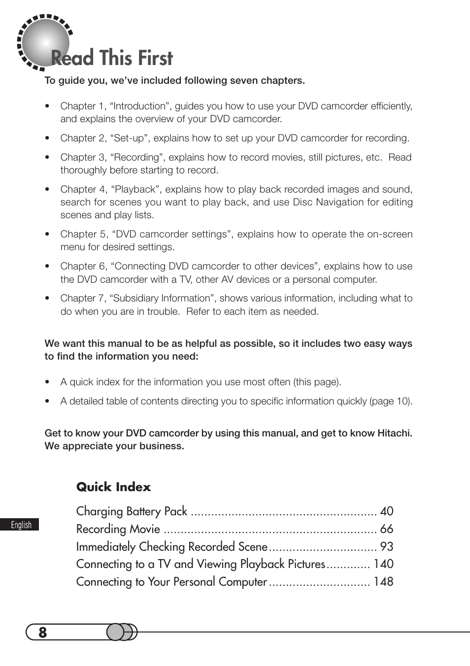 Read this first | Hitachi DZMV100A User Manual | Page 8 / 170