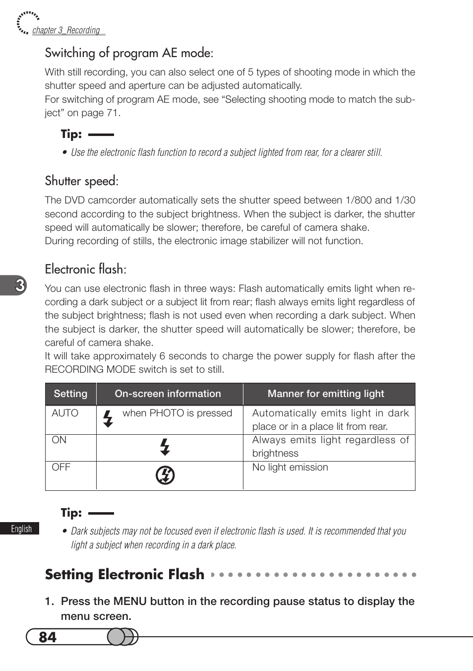 Setting electronic flash | Hitachi DZMV100A User Manual | Page 84 / 170