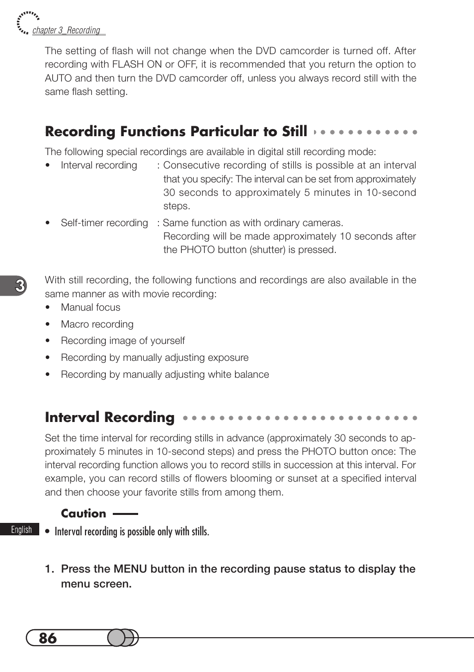 Recording functions particular to still, Interval recording | Hitachi DZMV100A User Manual | Page 86 / 170