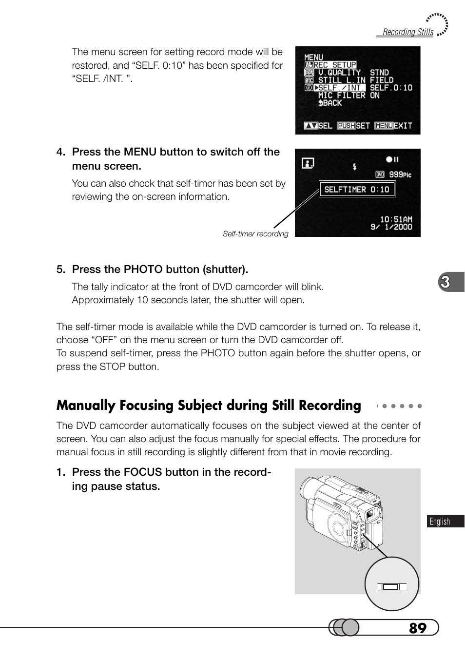 Manually focusing subject during still recording | Hitachi DZMV100A User Manual | Page 89 / 170