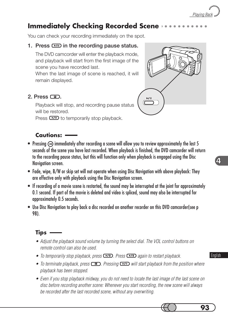 Immediately checking recorded scene | Hitachi DZMV100A User Manual | Page 93 / 170