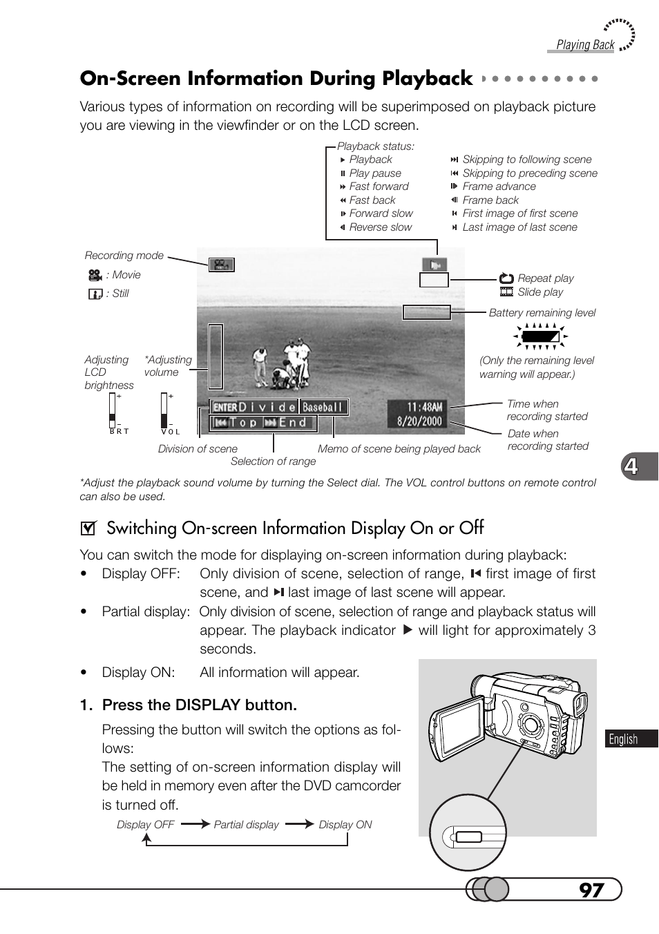 On-screen information during playback, Switching on-screen information display on or off, Press the display button | Hitachi DZMV100A User Manual | Page 97 / 170