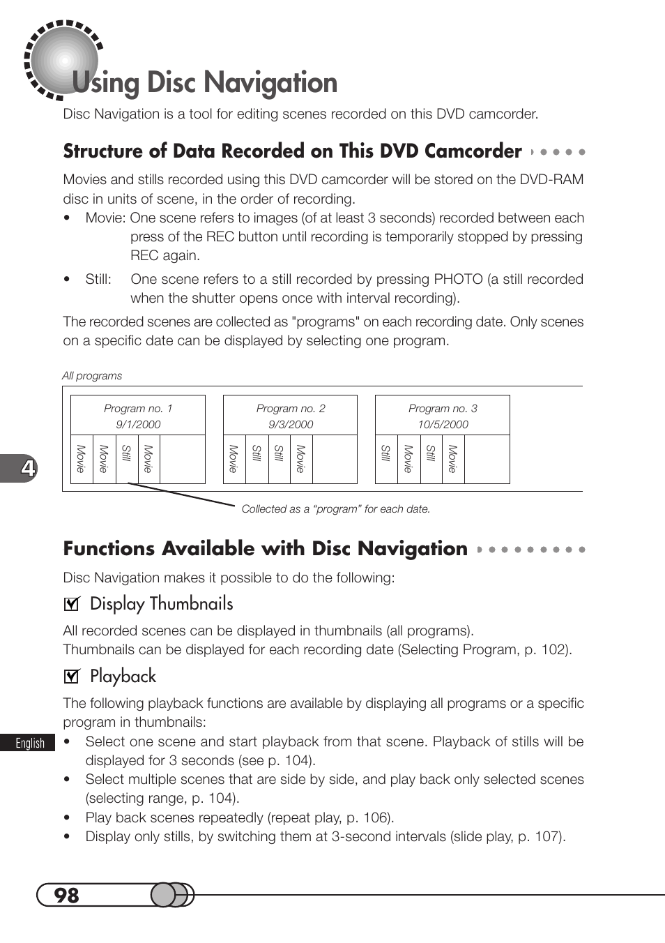 Using disc navigation, Structure of data recorded on this dvd camcorder, Functions available with disc navigation | Display thumbnails, Playback | Hitachi DZMV100A User Manual | Page 98 / 170