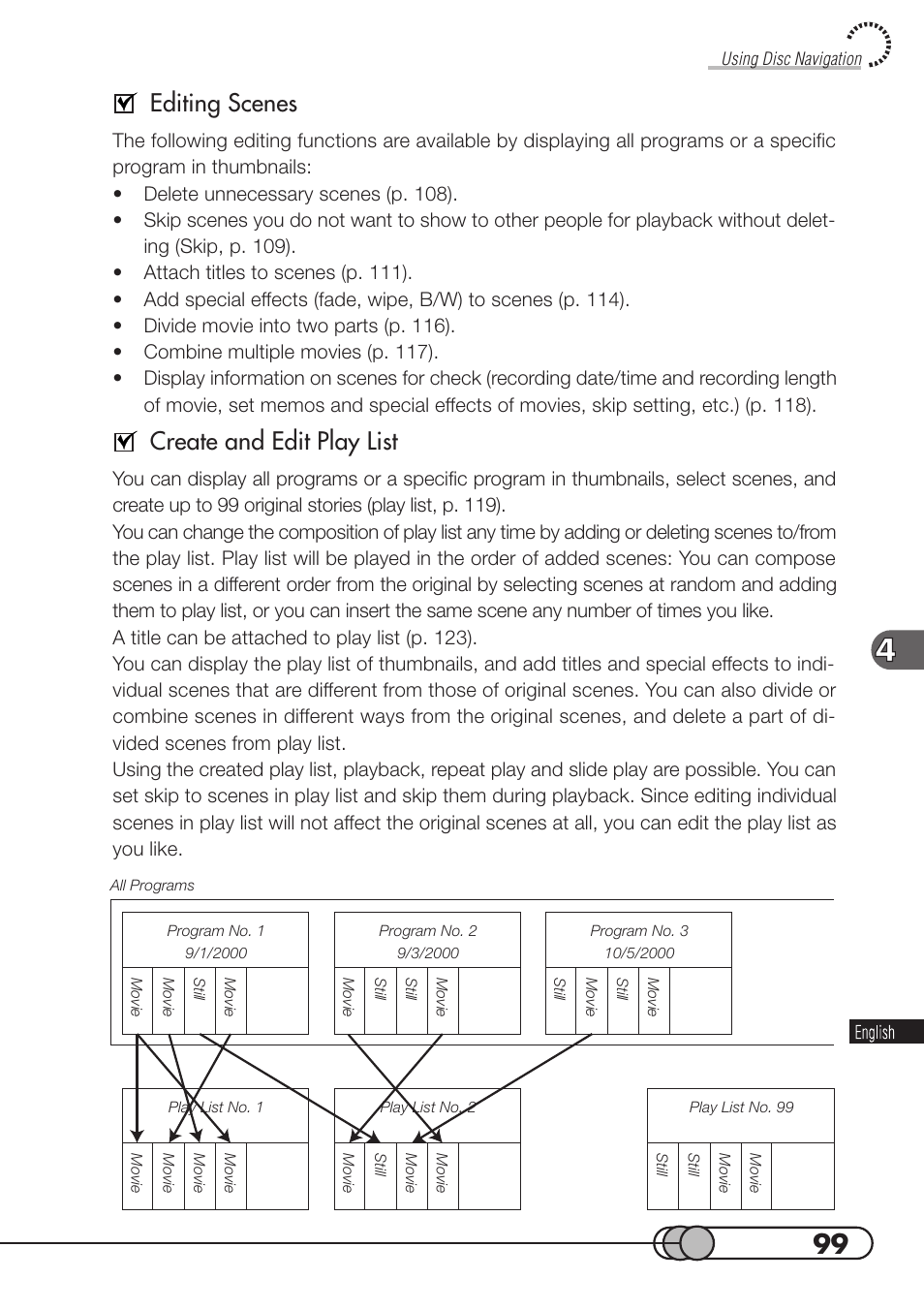 Editing scenes, Create and edit play list | Hitachi DZMV100A User Manual | Page 99 / 170