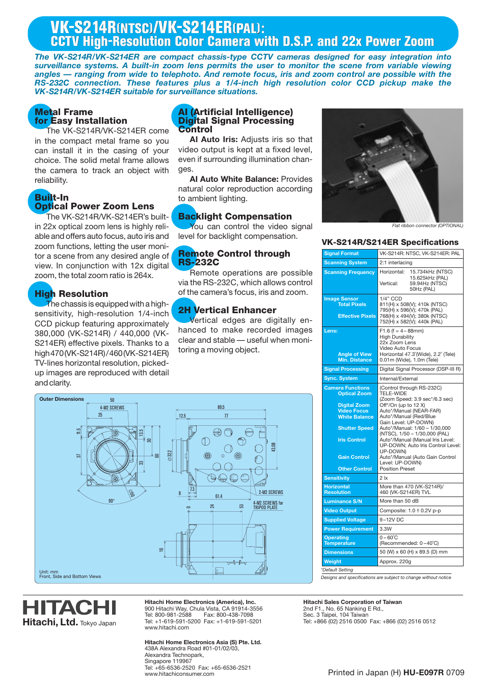 Vk-s214r, Vk-s214er, Ntsc | Hitachi, ltd, Metal frame for easy installation, Built-in optical power zoom lens, High resolution, Backlight compensation, Remote control through rs-232c, 2h vertical enhancer | Hitachi VK-S214ER User Manual | Page 2 / 2
