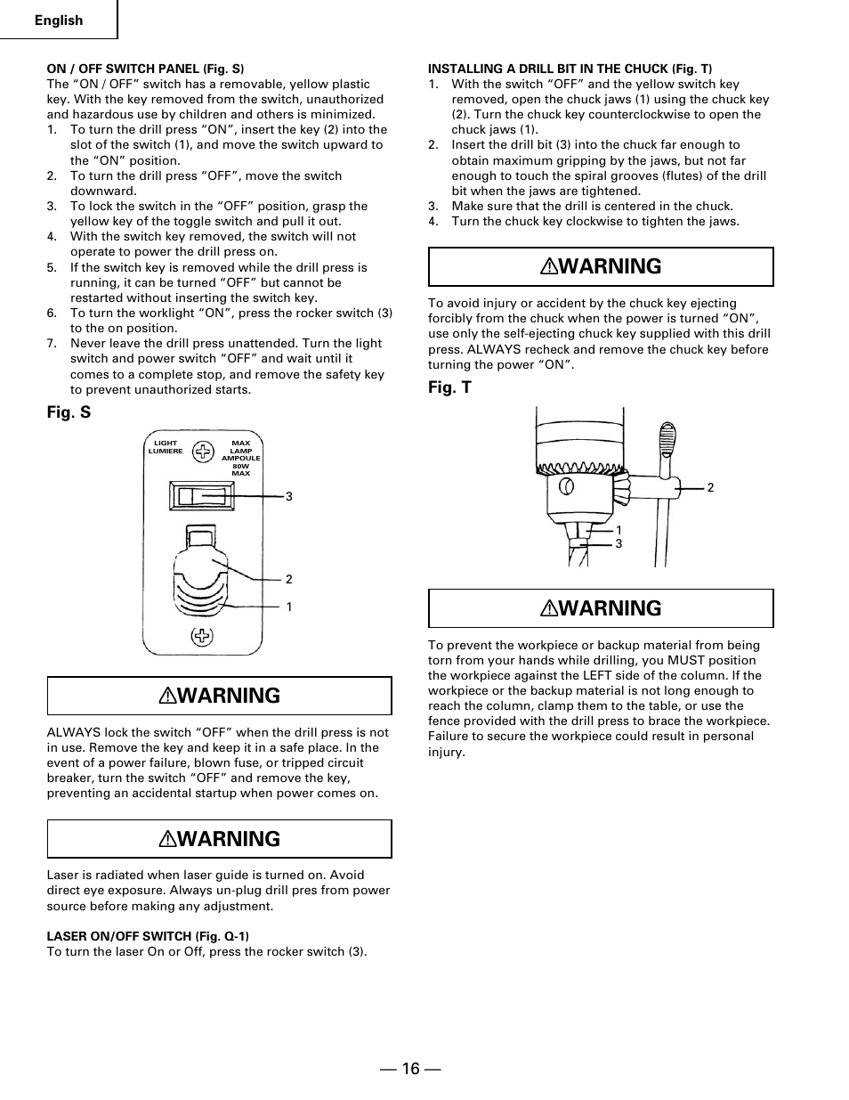 Warning, Fig. s, Fig. t | Hitachi B 16RM User Manual | Page 16 / 64