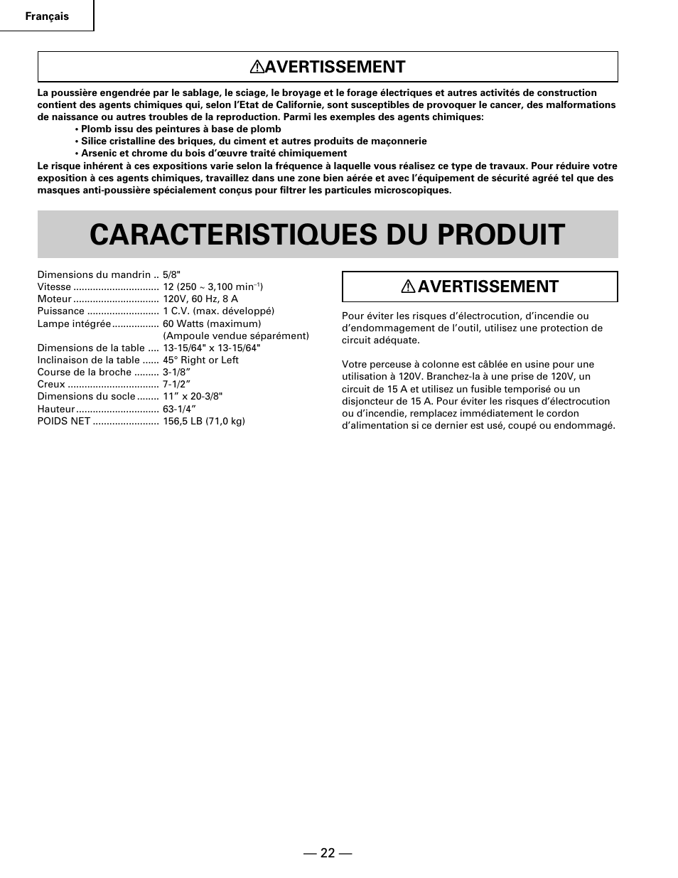 Caracteristiques du produit, Avertissement | Hitachi B 16RM User Manual | Page 22 / 64