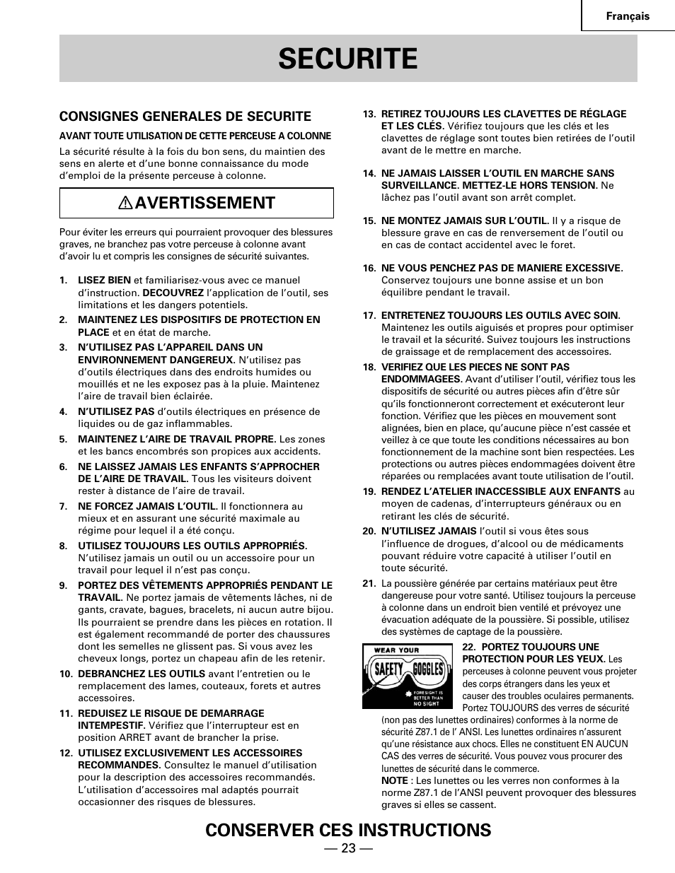 Securite, Conserver ces instructions, Avertissement | Hitachi B 16RM User Manual | Page 23 / 64