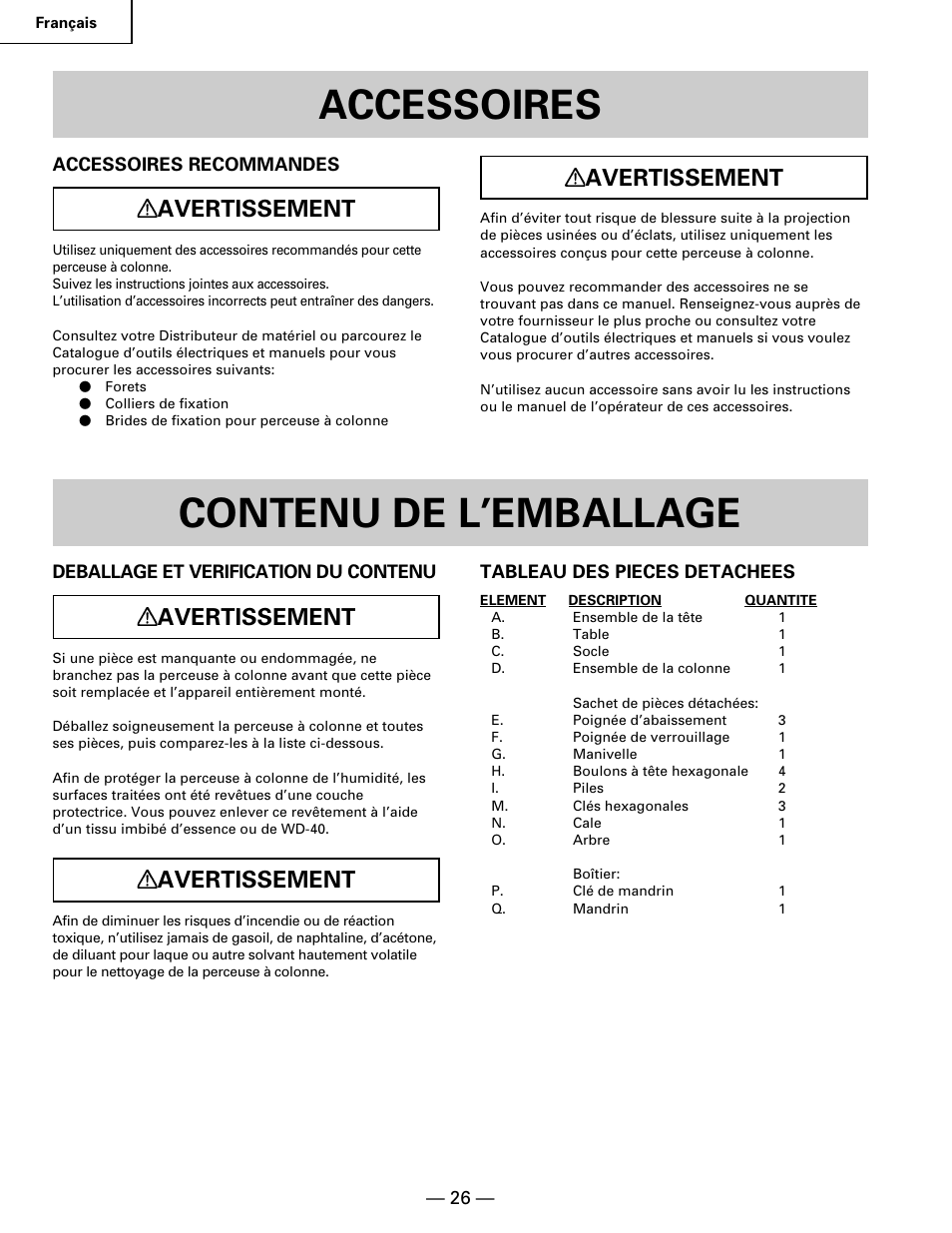 Accessoires, Contenu de l’emballage, Avertissement | Hitachi B 16RM User Manual | Page 26 / 64