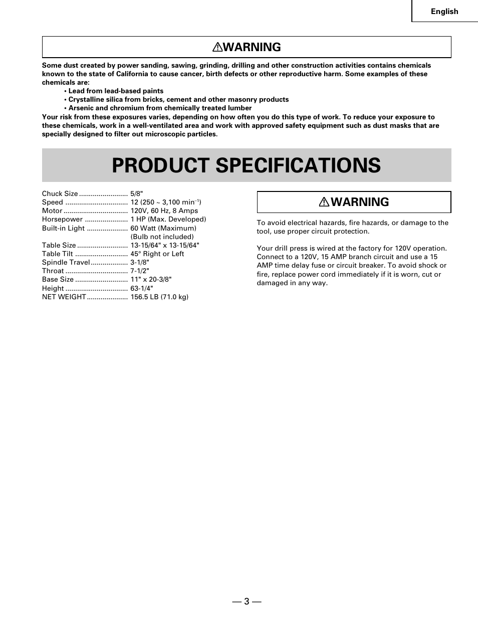 Product specifications, Warning | Hitachi B 16RM User Manual | Page 3 / 64