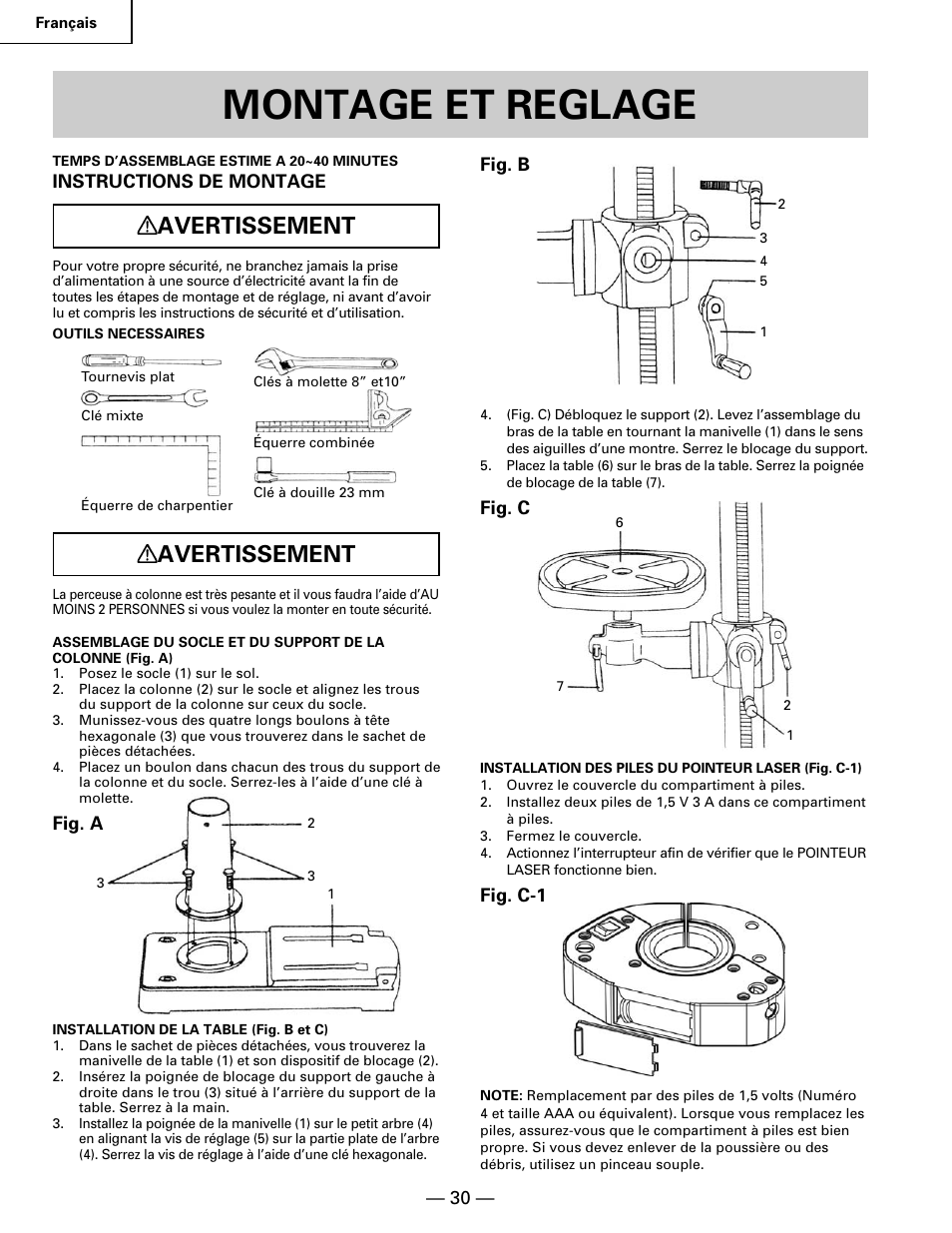 Montage et reglage, Avertissement | Hitachi B 16RM User Manual | Page 30 / 64