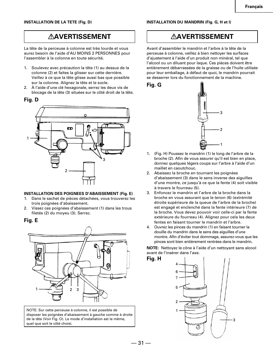 Avertissement, Fig. d, Fig. e | Fig. g, Fig. h | Hitachi B 16RM User Manual | Page 31 / 64