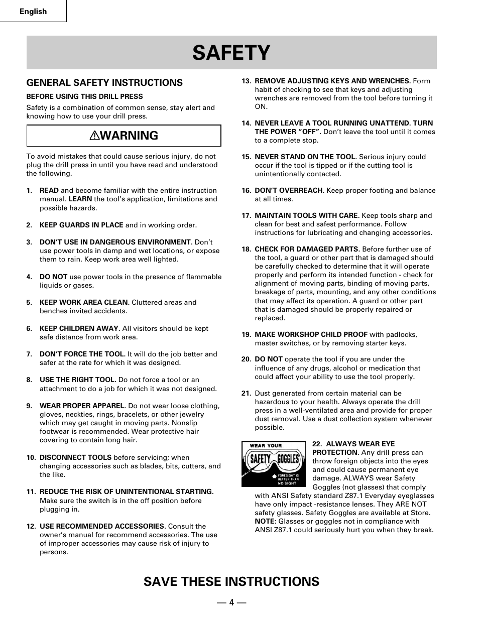 Safety, Save these instructions, Warning | Hitachi B 16RM User Manual | Page 4 / 64
