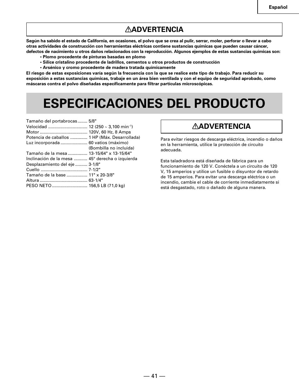 Especificaciones del producto, Advertencia | Hitachi B 16RM User Manual | Page 41 / 64