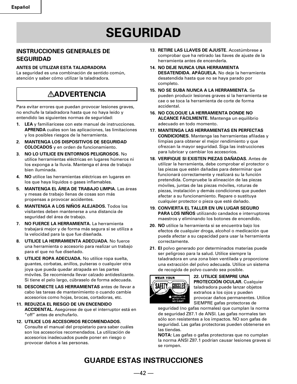 Seguridad, Advertencia, Guarde estas instrucciones | Hitachi B 16RM User Manual | Page 42 / 64